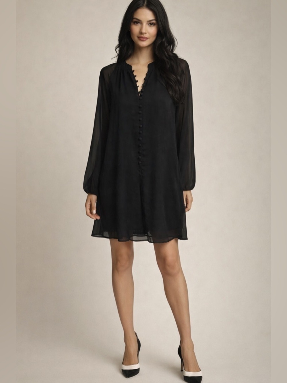 NWOT Joie SZ S Black Button-Down Dress w/sheer sleeves, covered buttons/bust 40”